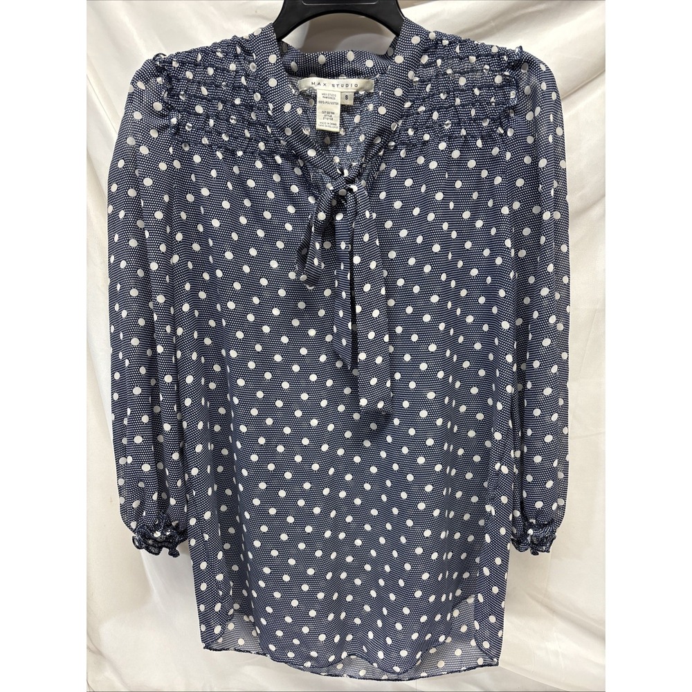 Max Studio Navy Blue Polka Dot Sheer Blouse Small